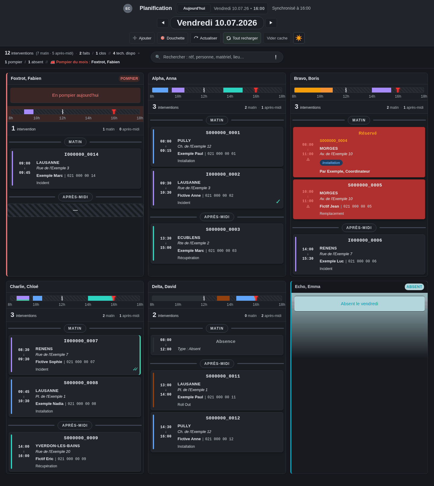 Vue classique : une carte par technicien, avec sa frise horaire et ses interventions (données fictives)