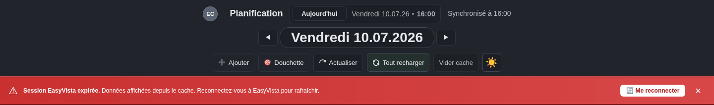 Bandeau « Session EasyVista expirée » au-dessus du planning en cache (données fictives)