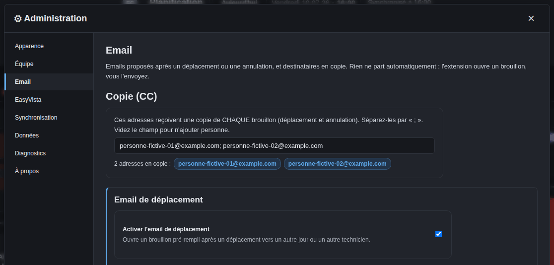 Onglet Email des Paramètres (données fictives)