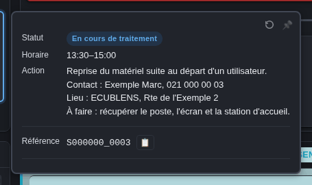 Bulle d'une intervention au survol : statut, horaire, action et référence (données fictives)